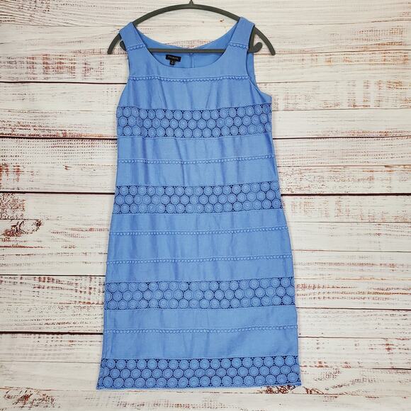 Talbots Sleeveless Linen Blend Tank Dress 4 Periwinkle Blue Crochet Lace Coastal - Picture 1 of 12